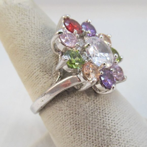 Multi Color Crystal Rainbow Flower Cocktail Ring - Picture 2 of 11